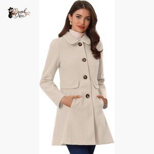 Polyester Blend Pea Coat with Point Collar and Button Closure